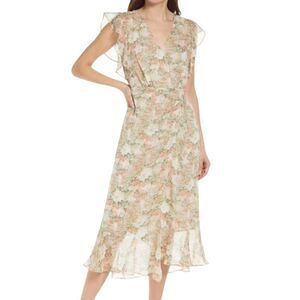 NWT Floret Studios Cream Coral Floral Surplice Neck Midi Dress Women's Medium